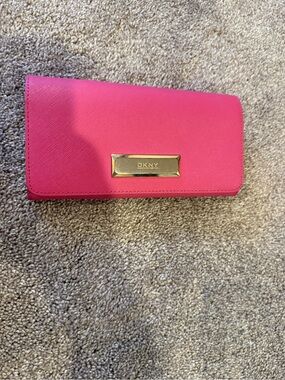 DKNY Hot Pink Saffiano Flap Wallet with Gold Plate